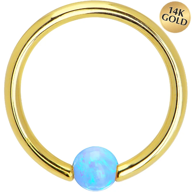 14 Gauge 3/8 Solid 14KT Gold Light Blue Synthetic Opal Captive Ring