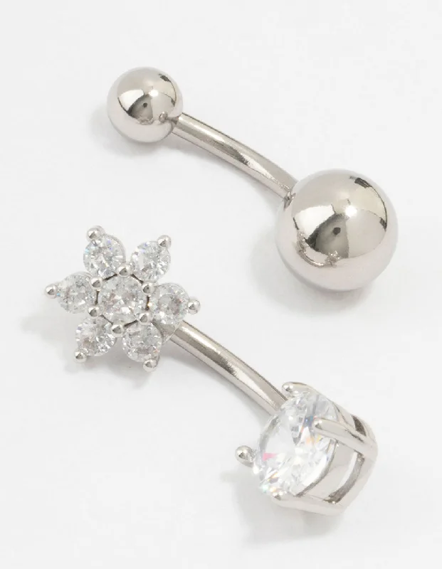 Surgical Steel Cubic Zirconia Flower Belly Bars 2-Pack